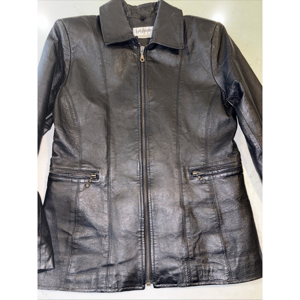 Bagatelle Jacket Womens S Black Leather Solid Lined Full Zip Vtg Moto Classic